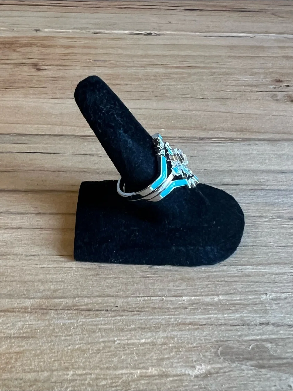 Turquoise Silver Tone Triple Band  Art Deco Fashion Ring-Size 6.5